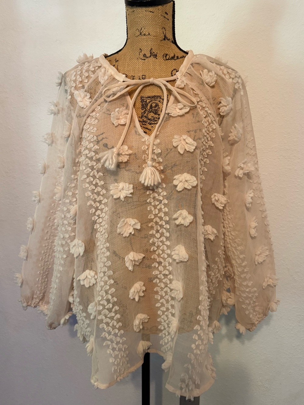 Calypso St. Barth  Bohemian Cream Sheer 3-D Blouse XL